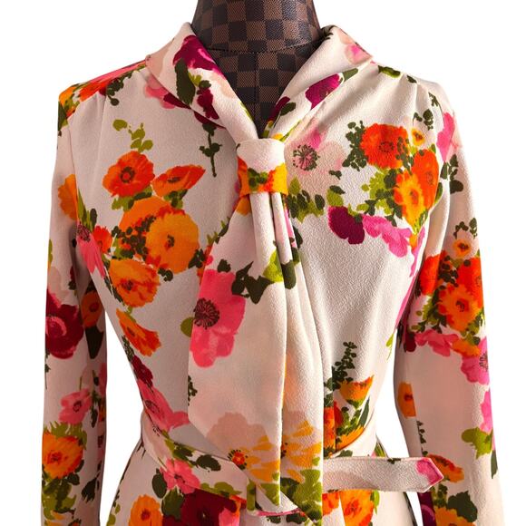 Vintage 1960s Jerri of Miami Floral Dress M Belt Scarf White Pink Orange MCM - Picture 5 of 9
